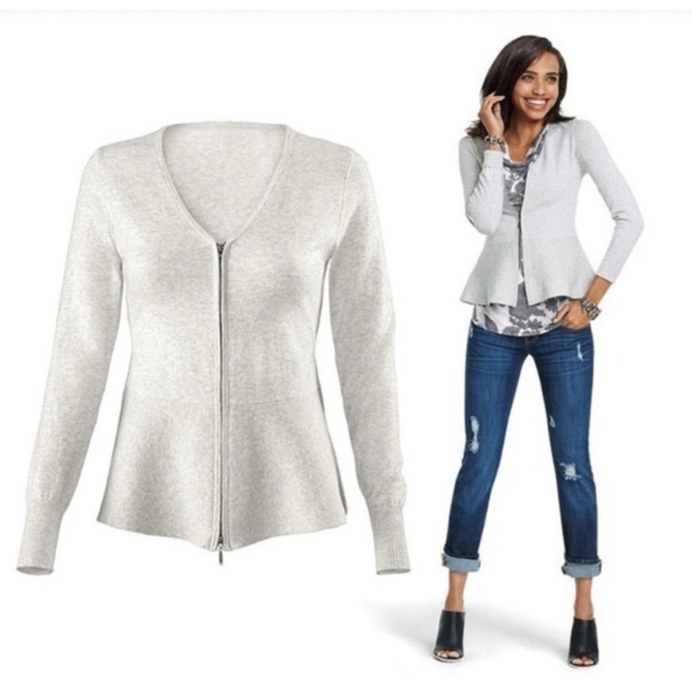 CAbi Women's Cream V-Neck Zip-Up Sweater